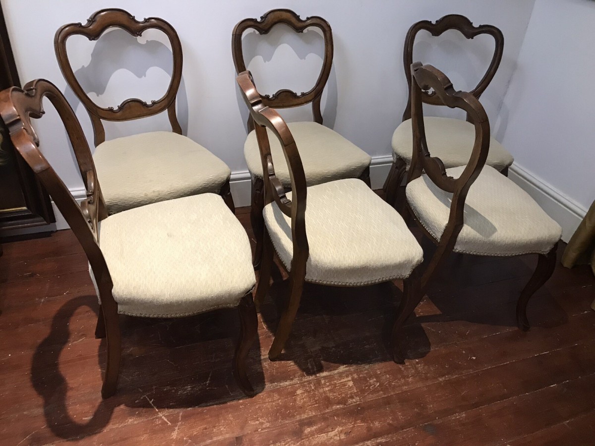 Fine Antique Set Of 6 Walnut Victorian Balloon Back Dining Chairs C1865