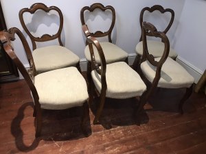 Fine Antique Set Of 6 Walnut Victorian Balloon Back Dining Chairs C1865 Scroll Arched Top Balloon Backs And Slender Elegant Cabriole Legs Cream Silk Upholstery Sturdy Frames Original Polish Shown Provenance These Chairs Were Commissioned For Lord Hill In 1865 And Have Been Part Of His Accomplishment Collection Some Slight Marks Due To Age And Usage These Are Original Antique Chairs