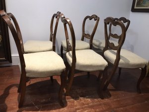 Fine Antique Set Of 6 Walnut Victorian Balloon Back Dining Chairs C1865 Scroll Arched Top Balloon Backs And Slender Elegant Cabriole Legs Cream Silk Upholstery Sturdy Frames Original Polish Shown Provenance These Chairs Were Commissioned For Lord Hill In 1865 And Have Been Part Of His Accomplishment Collection Some Slight Marks Due To Age And Usage These Are Original Antique Chairs