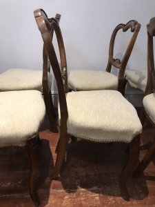 Fine Antique Set Of 6 Walnut Victorian Balloon Back Dining Chairs C1865 Scroll Arched Top Balloon Backs And Slender Elegant Cabriole Legs Cream Silk Upholstery Sturdy Frames Original Polish Shown Provenance These Chairs Were Commissioned For Lord Hill In 1865 And Have Been Part Of His Accomplishment Collection Some Slight Marks Due To Age And Usage These Are Original Antique Chairs