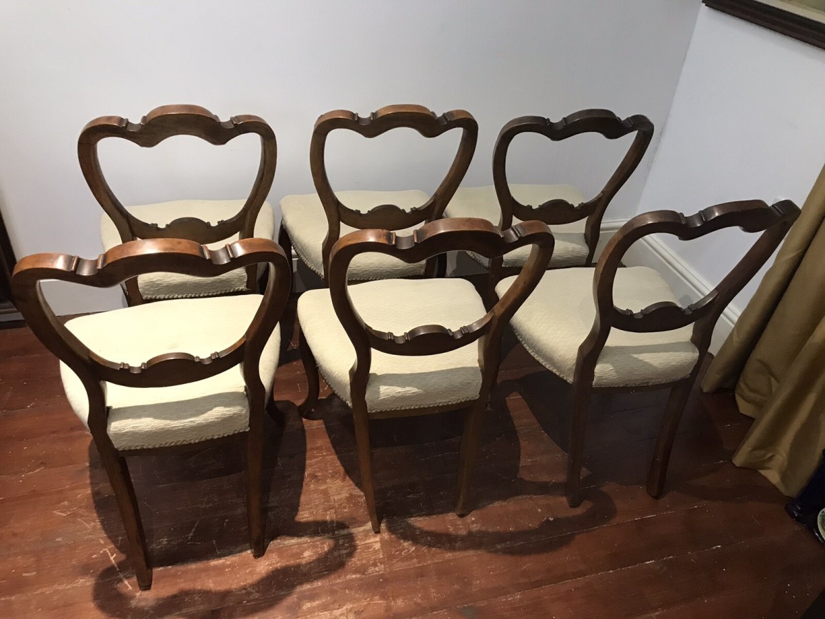 Fine Antique Set Of 6 Walnut Victorian Balloon Back Dining Chairs C1865