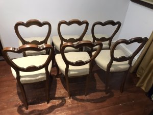 Fine Antique Set Of 6 Walnut Victorian Balloon Back Dining Chairs C1865 Scroll Arched Top Balloon Backs And Slender Elegant Cabriole Legs Cream Silk Upholstery Sturdy Frames Original Polish Shown Provenance These Chairs Were Commissioned For Lord Hill In 1865 And Have Been Part Of His Accomplishment Collection Some Slight Marks Due To Age And Usage These Are Original Antique Chairs