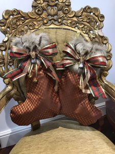 Monarch Of The Glen Designer Pair Of Copper and Chocolate Patterned Luxury Fabric And Faux Fur Trim Handmade Chrismas Stockings Brand New Handmade In The Uk Luxury Copper And Chocolate Patterned Fabric Chocolate Satin Lining Deep Faux Fur Trim With Tartan Bows And Reindeer Head Decoration And Gold Bells Gold Ribbon Hanging Hooks 4” Most Luxury Stockings You Will Find Designer Made One Off Bespoke Stocking You Will Not Find These In The Shops Fill With All Your Christmas Presents And Hang On Your Mantlepiece Exceptional Quality Stocking Made In the Finest Fabric And Trimmings Fabulous Presents Or Decorations Dimensions In Inches Height 19” Top Width 8” Bottom Width 13” Faux Fur Trim Depth 6”