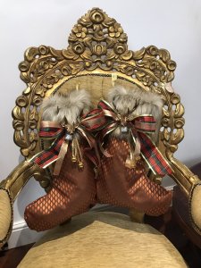 Monarch Of The Glen Designer Pair Of Copper and Chocolate Patterned Luxury Fabric And Faux Fur Trim Handmade Chrismas Stockings Brand New Handmade In The Uk Luxury Copper And Chocolate Patterned Fabric Chocolate Satin Lining Deep Faux Fur Trim With Tartan Bows And Reindeer Head Decoration And Gold Bells Gold Ribbon Hanging Hooks 4” Most Luxury Stockings You Will Find Designer Made One Off Bespoke Stocking You Will Not Find These In The Shops Fill With All Your Christmas Presents And Hang On Your Mantlepiece Exceptional Quality Stocking Made In the Finest Fabric And Trimmings Fabulous Presents Or Decorations Dimensions In Inches Height 19” Top Width 8” Bottom Width 13” Faux Fur Trim Depth 6”