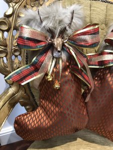 Monarch Of The Glen Designer Pair Of Copper and Chocolate Patterned Luxury Fabric And Faux Fur Trim Handmade Chrismas Stockings Brand New Handmade In The Uk Luxury Copper And Chocolate Patterned Fabric Chocolate Satin Lining Deep Faux Fur Trim With Tartan Bows And Reindeer Head Decoration And Gold Bells Gold Ribbon Hanging Hooks 4” Most Luxury Stockings You Will Find Designer Made One Off Bespoke Stocking You Will Not Find These In The Shops Fill With All Your Christmas Presents And Hang On Your Mantlepiece Exceptional Quality Stocking Made In the Finest Fabric And Trimmings Fabulous Presents Or Decorations Dimensions In Inches Height 19” Top Width 8” Bottom Width 13” Faux Fur Trim Depth 6”