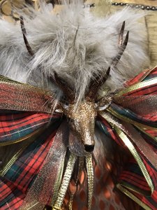 Monarch Of The Glen Designer Pair Of Copper and Chocolate Patterned Luxury Fabric And Faux Fur Trim Handmade Chrismas Stockings Brand New Handmade In The Uk Luxury Copper And Chocolate Patterned Fabric Chocolate Satin Lining Deep Faux Fur Trim With Tartan Bows And Reindeer Head Decoration And Gold Bells Gold Ribbon Hanging Hooks 4” Most Luxury Stockings You Will Find Designer Made One Off Bespoke Stocking You Will Not Find These In The Shops Fill With All Your Christmas Presents And Hang On Your Mantlepiece Exceptional Quality Stocking Made In the Finest Fabric And Trimmings Fabulous Presents Or Decorations Dimensions In Inches Height 19” Top Width 8” Bottom Width 13” Faux Fur Trim Depth 6”