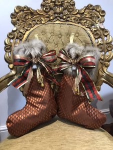 Monarch Of The Glen Designer Pair Of Copper and Chocolate Patterned Luxury Fabric And Faux Fur Trim Handmade Chrismas Stockings Brand New Handmade In The Uk Luxury Copper And Chocolate Patterned Fabric Chocolate Satin Lining Deep Faux Fur Trim With Tartan Bows And Reindeer Head Decoration And Gold Bells Gold Ribbon Hanging Hooks 4” Most Luxury Stockings You Will Find Designer Made One Off Bespoke Stocking You Will Not Find These In The Shops Fill With All Your Christmas Presents And Hang On Your Mantlepiece Exceptional Quality Stocking Made In the Finest Fabric And Trimmings Fabulous Presents Or Decorations Dimensions In Inches Height 19” Top Width 8” Bottom Width 13” Faux Fur Trim Depth 6”