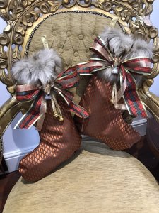 Monarch Of The Glen Designer Pair Of Copper and Chocolate Patterned Luxury Fabric And Faux Fur Trim Handmade Chrismas Stockings Brand New Handmade In The Uk Luxury Copper And Chocolate Patterned Fabric Chocolate Satin Lining Deep Faux Fur Trim With Tartan Bows And Reindeer Head Decoration And Gold Bells Gold Ribbon Hanging Hooks 4” Most Luxury Stockings You Will Find Designer Made One Off Bespoke Stocking You Will Not Find These In The Shops Fill With All Your Christmas Presents And Hang On Your Mantlepiece Exceptional Quality Stocking Made In the Finest Fabric And Trimmings Fabulous Presents Or Decorations Dimensions In Inches Height 19” Top Width 8” Bottom Width 13” Faux Fur Trim Depth 6”