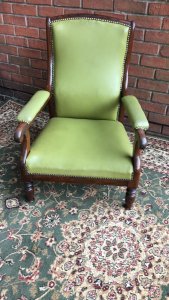 William IIII Period Rosewood & Olive Green Leather Library Chair. Circa - 1840 Composition- Rosewood Frame Period William Fourth Library Chair With High Back, Wide Seat And Sturdy Sweeping Arms. Solid Rosewood Frame & Upholstered In Olive Green Leather With Brass Studded Edge. Standing On Turned Legs. Can Be Fitted With Castors If You Require. Comfortable Seat Lovely Relaxing Armchair For Study/ Library Or Lounge. Condition - Antique Used Minor scratches to frame & Minor Marks On Leather Due To Age And Usage. Provenance Dimensions In Cms Back Height 74cm Seat Height 27cm Width 58cm Arm Rest Height 49cm Depth 62cm