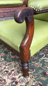 William IIII Period Rosewood & Olive Green Leather Library Chair. Circa - 1840 Composition- Rosewood Frame Period William Fourth Library Chair With High Back, Wide Seat And Sturdy Sweeping Arms. Solid Rosewood Frame & Upholstered In Olive Green Leather With Brass Studded Edge. Standing On Turned Legs. Can Be Fitted With Castors If You Require. Comfortable Seat Lovely Relaxing Armchair For Study/ Library Or Lounge. Condition - Antique Used Minor scratches to frame & Minor Marks On Leather Due To Age And Usage. Provenance Dimensions In Cms Back Height 74cm Seat Height 27cm Width 58cm Arm Rest Height 49cm Depth 62cm