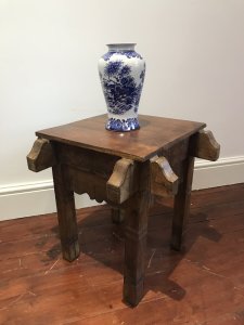 Quality Carved Teak Milasian Console Table With Buttress Supports Lovely Geometric Carvings Heavy Quality Solid Teak With Varnished Patina Side/ Lamp/ Plant Console Table Hole In The Top To Have Lamp Or Support Table Object Buttress Supports And Planks Style Top Dimensions In Inches Height Depth Width