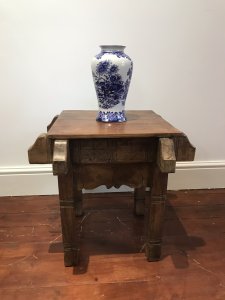 Quality Carved Teak Milasian Console Table With Buttress Supports Lovely Geometric Carvings Heavy Quality Solid Teak With Varnished Patina Side/ Lamp/ Plant Console Table Hole In The Top To Have Lamp Or Support Table Object Buttress Supports And Planks Style Top Dimensions In Inches Height Depth Width