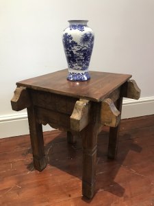 Quality Carved Teak Milasian Console Table With Buttress Supports Lovely Geometric Carvings Heavy Quality Solid Teak With Varnished Patina Side/ Lamp/ Plant Console Table Hole In The Top To Have Lamp Or Support Table Object Buttress Supports And Planks Style Top Dimensions In Inches Height Depth Width