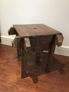 Quality Carved Teak Milasian Console Table With Buttress Supports Lovely Geometric Carvings Heavy Quality Solid Teak With Varnished Patina Side/ Lamp/ Plant Console Table Hole In The Top To Have Lamp Or Support Table Object Buttress Supports And Planks Style Top Dimensions In Inches Height Depth Width