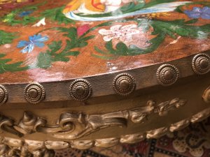 Historic Console Table Hand Painted By Anglican Bishop Of Dorchester Cathedral Kenneth Riches 20th Sept 1908-15th May 1999 Kenneth Was Deputy Head Teacher And Boarding School Master Of Lincoln Cathedral Where He Painted The Top Of This Fine Antique Console Table The Top Is Painted With Ark Angels, Flowers And Fruit Clearly Signed By Kenneth The Console Table Is Carved In Guilt Wood And Is Exceptionally Ornate A Stunning Shaped Piece With Metal Studs Around The Top Edge Beautiful Carvings This Piece Of History Is Truly Unique Dimensions In Inches Height 35” X Length 71” X Depth 22”