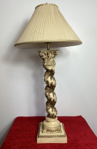 Italian Gilt Foliate Corinthian Column Table Lamp With Decorative Cream Shade. Large Deep Empire Style Shade With Ruched Pleated Fabric And Decorative Gimp Braided Edge Sits Upon Tall Barley Twist Corinthian Column Pillar With Heavy Gilt Folate Work Decoration. Stands On Square Base. Interior Designers Piece Beautiful For Hallway Or Room Centre Piece. Lamp In Perfect Working Order. UK Plug Fitting. Colour - Cream & Gold Base Composition - Resin Condition - Vintage Used Dimensions In Inches Total Height 32.5” Stand Height To Fitting 21 1/4” Base Width 6 3/4” X 7”