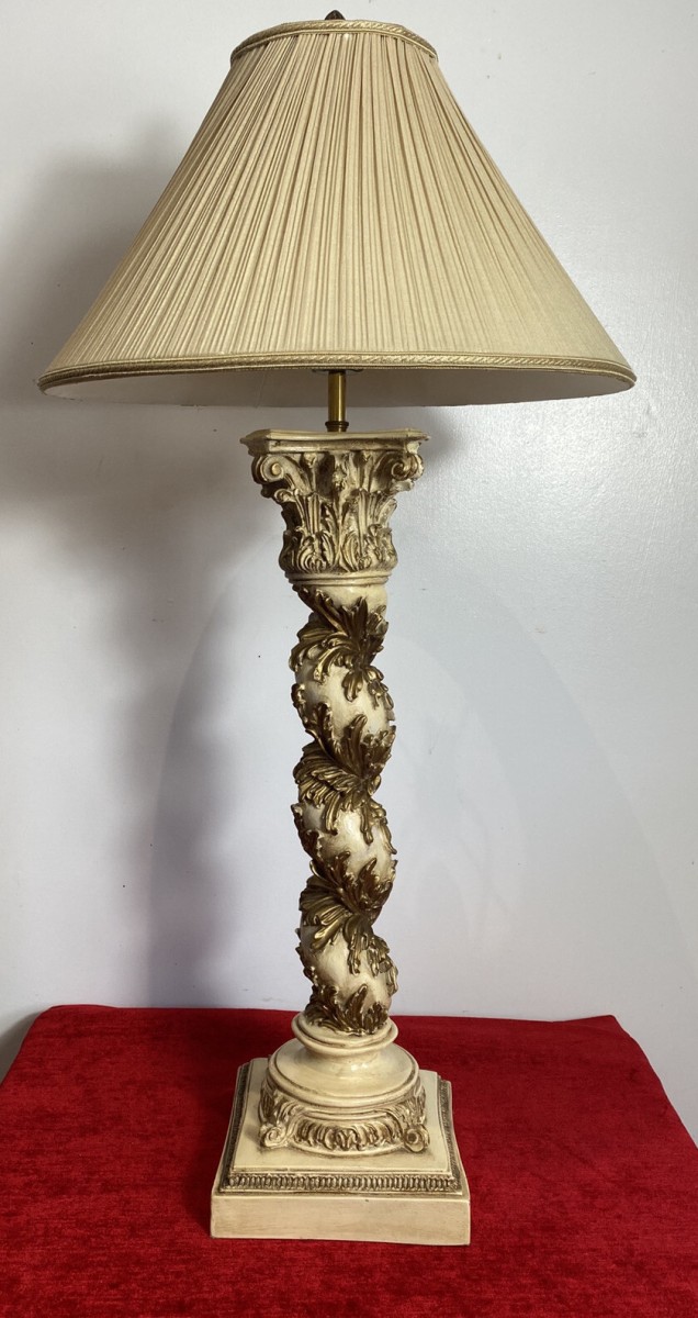 Italian Gilt Foliate Corinthian Column Table Lamp With Decorative Cream Shade