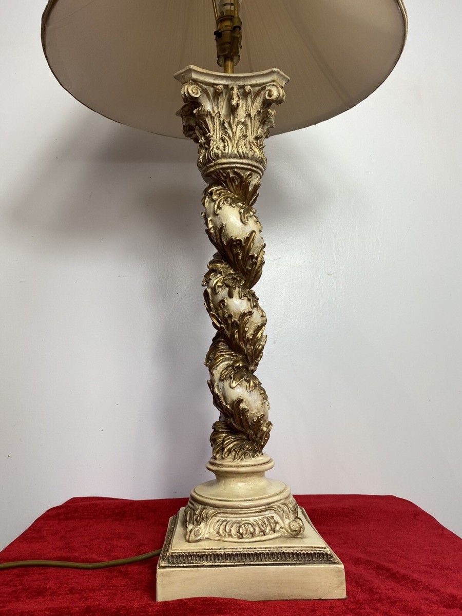 Italian Gilt Foliate Corinthian Column Table Lamp With Decorative Cream Shade