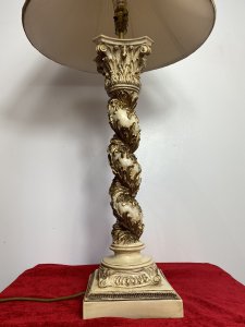 Italian Gilt Foliate Corinthian Column Table Lamp With Decorative Cream Shade. Large Deep Empire Style Shade With Ruched Pleated Fabric And Decorative Gimp Braided Edge Sits Upon Tall Barley Twist Corinthian Column Pillar With Heavy Gilt Folate Work Decoration. Stands On Square Base. Interior Designers Piece Beautiful For Hallway Or Room Centre Piece. Lamp In Perfect Working Order. UK Plug Fitting. Colour - Cream & Gold Base Composition - Resin Condition - Vintage Used Dimensions In Inches Total Height 32.5” Stand Height To Fitting 21 1/4” Base Width 6 3/4” X 7”
