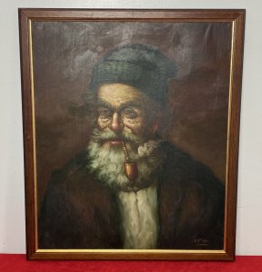 Original Portrait Of An Old Gentleman Smoking A Pipe By Artist Jose Olles Of Barcelona. Circa - 1885-1900 Medium - Oil On Canvas Fine Art Detailed Wrinkled Character Face With Green Woollen Bernie Hat, Grey Moustache & Beard Smoking Meersham Pipe. Wearing A Large Brown Over Coat With White Under Shirt. Oil On Canvas Believed To Be A Self Portrait Of The Artist. Spanish School Artwork Set In Oak And Gilt Wood Frame. Signed By Artist (Right Bottom Corner) Lovely Quality Painting Would Look Exceptional In A Gentleman’s Room, Games Room Or Study. Provenance Purchased As Part Of A Collection From Madrid,Spain. Now Part Of Famous Lord Hill Museum Private Collection. Dimensions In Inches Height 23.5” Width 20”