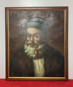 Original Portrait Of An Old Gentleman Smoking A Pipe By Artist Jose Olles Of Barcelona. Circa - 1885-1900 Medium - Oil On Canvas Fine Art Detailed Wrinkled Character Face With Green Woollen Bernie Hat, Grey Moustache & Beard Smoking Meersham Pipe. Wearing A Large Brown Over Coat With White Under Shirt. Oil On Canvas Believed To Be A Self Portrait Of The Artist. Spanish School Artwork Set In Oak And Gilt Wood Frame. Signed By Artist (Right Bottom Corner) Lovely Quality Painting Would Look Exceptional In A Gentleman’s Room, Games Room Or Study. Provenance Purchased As Part Of A Collection From Madrid,Spain. Now Part Of Famous Lord Hill Museum Private Collection. Dimensions In Inches Height 23.5” Width 20”