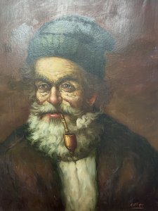 Original Portrait Of An Old Gentleman Smoking A Pipe By Artist Jose Olles Of Barcelona. Circa - 1885-1900 Medium - Oil On Canvas Fine Art Detailed Wrinkled Character Face With Green Woollen Bernie Hat, Grey Moustache & Beard Smoking Meersham Pipe. Wearing A Large Brown Over Coat With White Under Shirt. Oil On Canvas Believed To Be A Self Portrait Of The Artist. Spanish School Artwork Set In Oak And Gilt Wood Frame. Signed By Artist (Right Bottom Corner) Lovely Quality Painting Would Look Exceptional In A Gentleman’s Room, Games Room Or Study. Provenance Purchased As Part Of A Collection From Madrid,Spain. Now Part Of Famous Lord Hill Museum Private Collection. Dimensions In Inches Height 23.5” Width 20”