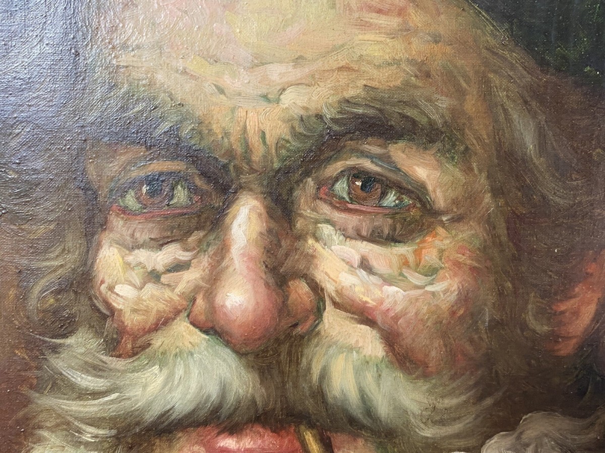 Original Portrait Old Gentleman Smoking A Pipe By Artist Jose Olles Of Barcelona