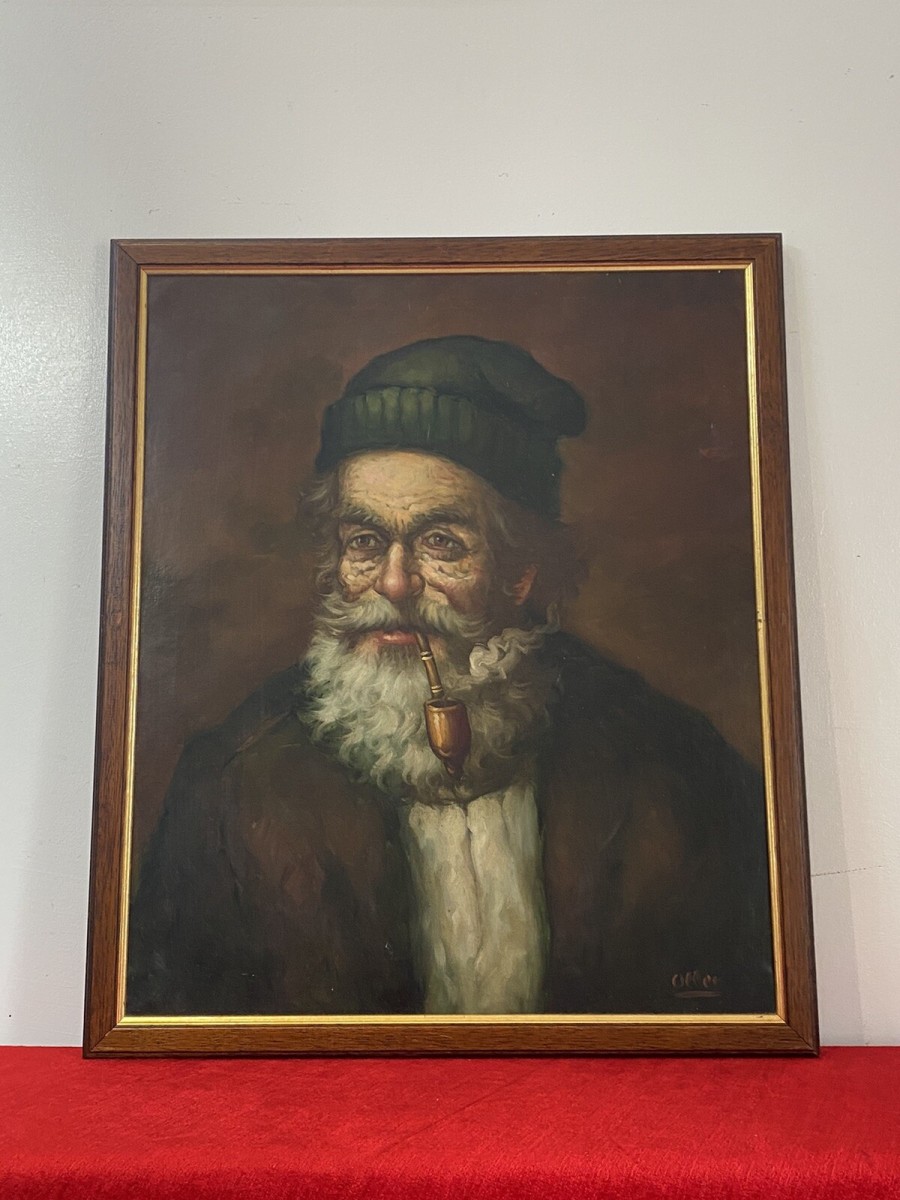 Original Portrait Old Gentleman Smoking A Pipe By Artist Jose Olles Of Barcelona