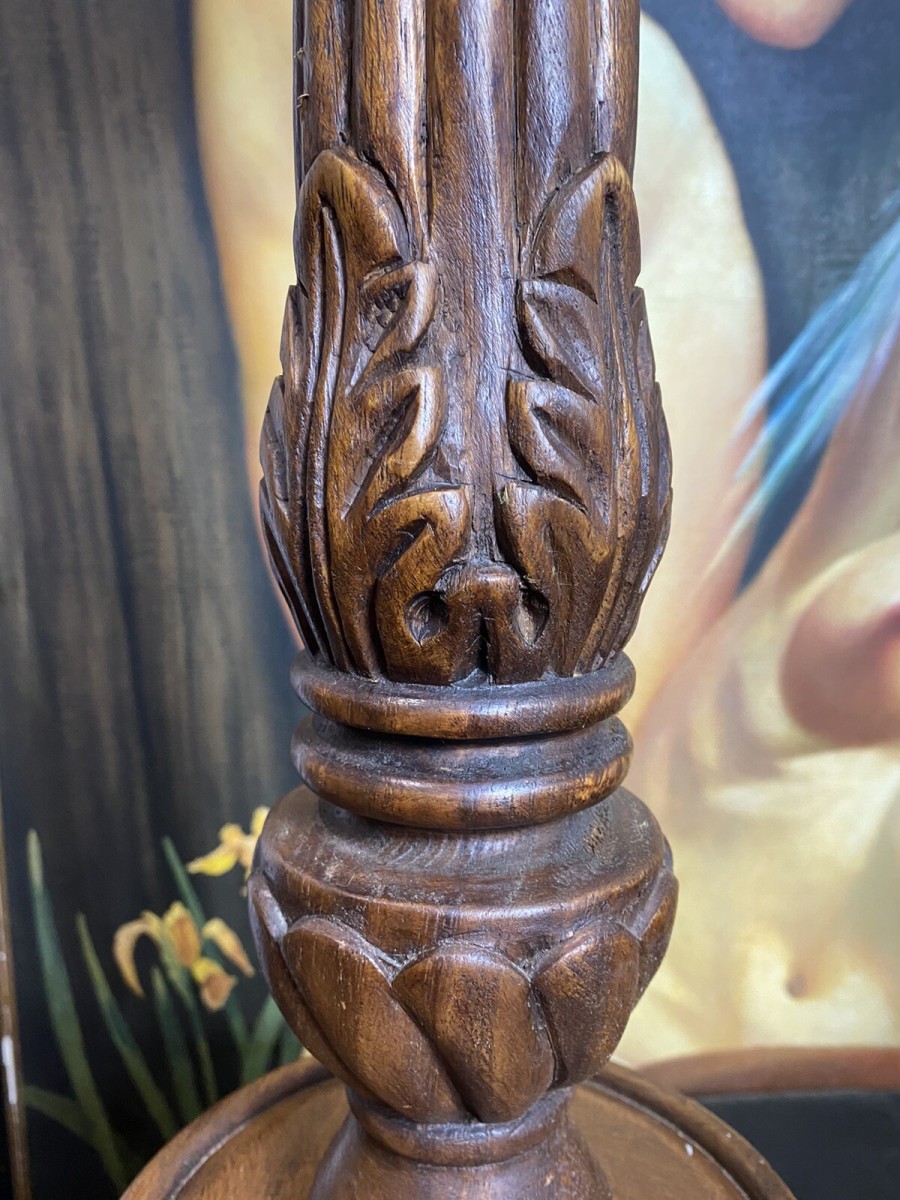 19th Century Pair Of Gothic Carved Walnut Tripod Candle Stands