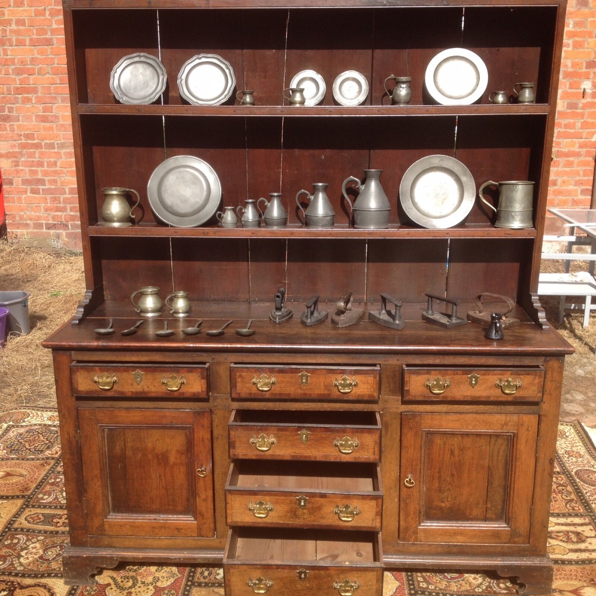 18th Century Period Oak Lancashire Dresser Complete With Pewter Collection