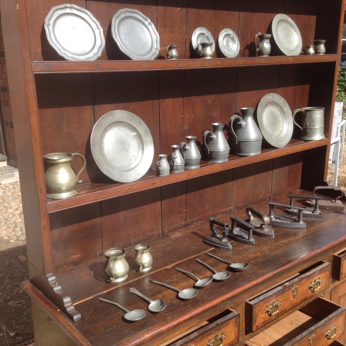 18th Century Period Oak Lancashire Dresser Complete With Pewter Collection