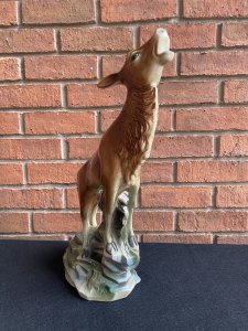 Rare Art Deco Lustreware Large Deer Figurine ByJema Holland Foundry Mold No25. Circa - 1930’s Composition- Lustre Glazed Ceramic Large Art Deco Ceramic Lustreware Figurine Of A Posed Calling Deer Set Upon Rock Face. Stunning Facial Details With Delicate Legs And Textural Base. Marked Underside Jema Holland No 25. The Jema Holland Foundry Was Founded In 1942 And Ceased To Trade In 1994. This Is Thought To Be An Early Piece. Condition- Pristine Antique There Are Two Holes In The Head Were Horns Once Stood. Dimensions In inches Height 17” Width 10” Depth 5.5”
