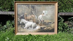 Fine Art 'Horses In A Stable' Interior Painting After George Morland 1791 Circa - 1930 Composition - Oil On Canvas Brief Artist History George Morland 1763-1804 British Artist George Morland showed talent for painting at a very early age, exhibiting chalk drawings at the Royal Academy as early as 1773, aged only ten years old. He was apprentice to his father, the painter Henry Robert Morland (1716-1797) for seven years from 1777. During that time he chiefly employed in the copying and forging of paintings, particularly seventeenth-century Dutch Landscapes. Between 1786 and 1790 Morland established his reputation as a painter of moralizing and domestic genre subjects. From 1790 onwards his focus shifted to rustic genre subjects, notable for their conspicuous lack of incident. Morland had a prolific output, reputedly painting more than 800 works in the last eight years of his life but his extravagant life-style meant he was often plagued by debt. His paintings were extremely popular and widely copied by engravers to meet the demand that existed for his work in Britain, France and Germany. Listing Description 'The Original Artwork 'Horses in A Stable' By Gorge Morland 1763-1804 Was Bequeathed TO The Victorian & Albert Museum By Rev. Chauncey Hare Townshend In 1868.' A Fine Quality Interior Stable Scene, With Two Horses On The Left Side. A Grey Horse Lays Down Whilst A Tan Horse Stands Eating Hay From Large Wood Trough. Both Horses Were Harnesses Tethered To The Trough. To The Right Side A Stable Hand Stoops To Push Wheelbarrow Filled With Straw, In Front Of A Ladder Leading Up To The Hay Loft. A Broom Lays On The floor Besides Him. At The Rear Of The Stable Is A Georgian Leaded Window Revealing The Outside Landscape. A Earthenware Jug Sits On The Window Sill. Set In Ornate Gilt Wood Frame. Unsigned Dimensions In Inches Height 37" X Width For Further Enquiries Please Call 07707 488 566 Thank-you