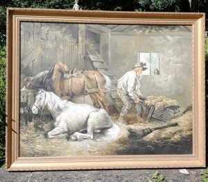 Fine Art 'Horses In A Stable' Interior Painting After George Morland 1791 Circa - 1930 Composition - Oil On Canvas Brief Artist History George Morland 1763-1804 British Artist George Morland showed talent for painting at a very early age, exhibiting chalk drawings at the Royal Academy as early as 1773, aged only ten years old. He was apprentice to his father, the painter Henry Robert Morland (1716-1797) for seven years from 1777. During that time he chiefly employed in the copying and forging of paintings, particularly seventeenth-century Dutch Landscapes. Between 1786 and 1790 Morland established his reputation as a painter of moralizing and domestic genre subjects. From 1790 onwards his focus shifted to rustic genre subjects, notable for their conspicuous lack of incident. Morland had a prolific output, reputedly painting more than 800 works in the last eight years of his life but his extravagant life-style meant he was often plagued by debt. His paintings were extremely popular and widely copied by engravers to meet the demand that existed for his work in Britain, France and Germany. Listing Description 'The Original Artwork 'Horses in A Stable' By Gorge Morland 1763-1804 Was Bequeathed TO The Victorian & Albert Museum By Rev. Chauncey Hare Townshend In 1868.' A Fine Quality Interior Stable Scene, With Two Horses On The Left Side. A Grey Horse Lays Down Whilst A Tan Horse Stands Eating Hay From Large Wood Trough. Both Horses Were Harnesses Tethered To The Trough. To The Right Side A Stable Hand Stoops To Push Wheelbarrow Filled With Straw, In Front Of A Ladder Leading Up To The Hay Loft. A Broom Lays On The floor Besides Him. At The Rear Of The Stable Is A Georgian Leaded Window Revealing The Outside Landscape. A Earthenware Jug Sits On The Window Sill. Set In Ornate Gilt Wood Frame. Unsigned Dimensions In Inches Height 37" X Width For Further Enquiries Please Call 07707 488 566 Thank-you