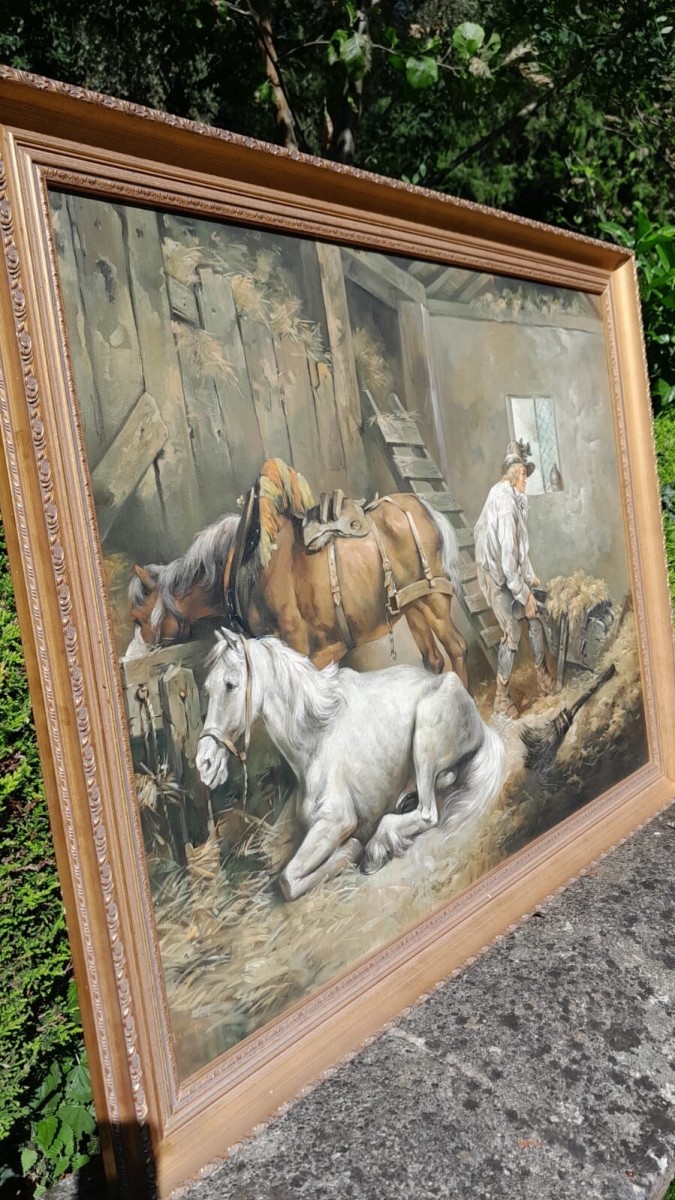 Fine Art 'horses In A Stable' Interior Painting After George Morland 1791