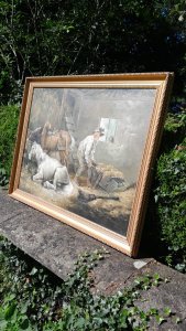 Fine Art 'Horses In A Stable' Interior Painting After George Morland 1791 Circa - 1930 Composition - Oil On Canvas Brief Artist History George Morland 1763-1804 British Artist George Morland showed talent for painting at a very early age, exhibiting chalk drawings at the Royal Academy as early as 1773, aged only ten years old. He was apprentice to his father, the painter Henry Robert Morland (1716-1797) for seven years from 1777. During that time he chiefly employed in the copying and forging of paintings, particularly seventeenth-century Dutch Landscapes. Between 1786 and 1790 Morland established his reputation as a painter of moralizing and domestic genre subjects. From 1790 onwards his focus shifted to rustic genre subjects, notable for their conspicuous lack of incident. Morland had a prolific output, reputedly painting more than 800 works in the last eight years of his life but his extravagant life-style meant he was often plagued by debt. His paintings were extremely popular and widely copied by engravers to meet the demand that existed for his work in Britain, France and Germany. Listing Description 'The Original Artwork 'Horses in A Stable' By Gorge Morland 1763-1804 Was Bequeathed TO The Victorian & Albert Museum By Rev. Chauncey Hare Townshend In 1868.' A Fine Quality Interior Stable Scene, With Two Horses On The Left Side. A Grey Horse Lays Down Whilst A Tan Horse Stands Eating Hay From Large Wood Trough. Both Horses Were Harnesses Tethered To The Trough. To The Right Side A Stable Hand Stoops To Push Wheelbarrow Filled With Straw, In Front Of A Ladder Leading Up To The Hay Loft. A Broom Lays On The floor Besides Him. At The Rear Of The Stable Is A Georgian Leaded Window Revealing The Outside Landscape. A Earthenware Jug Sits On The Window Sill. Set In Ornate Gilt Wood Frame. Unsigned Dimensions In Inches Height 37" X Width For Further Enquiries Please Call 07707 488 566 Thank-you