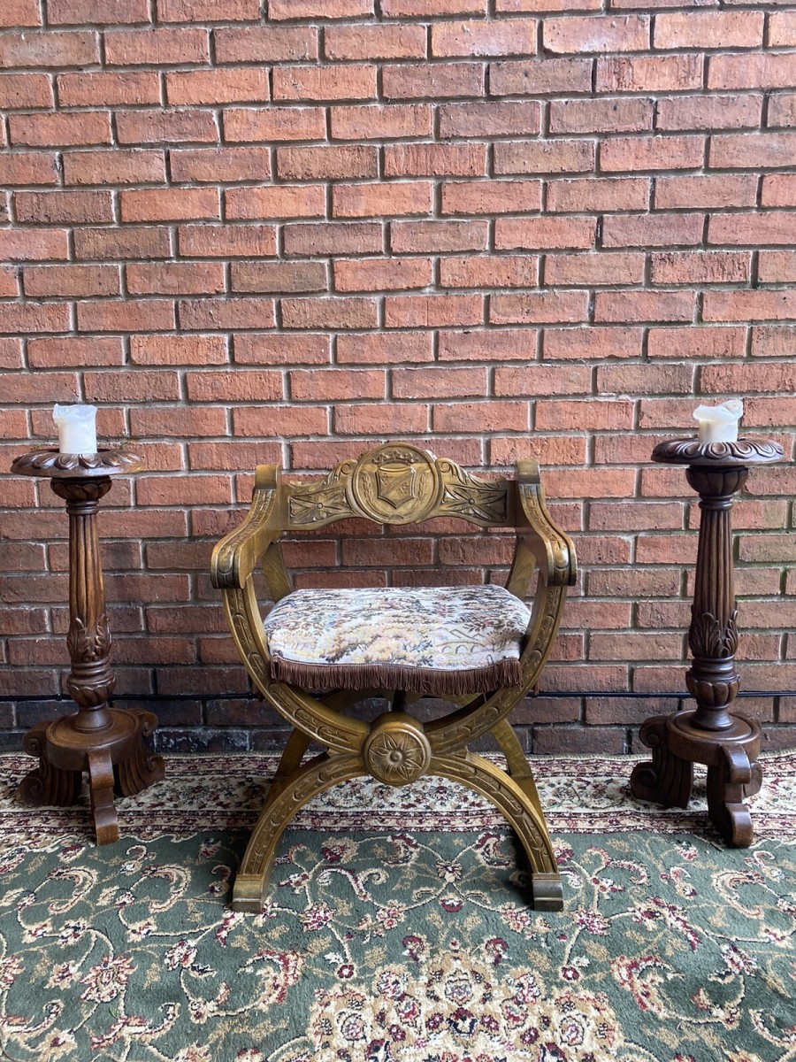 Primary image for Spanish Carved Oak Cross Frame Hall Chair In Charles Ii Manor Circa 1890
