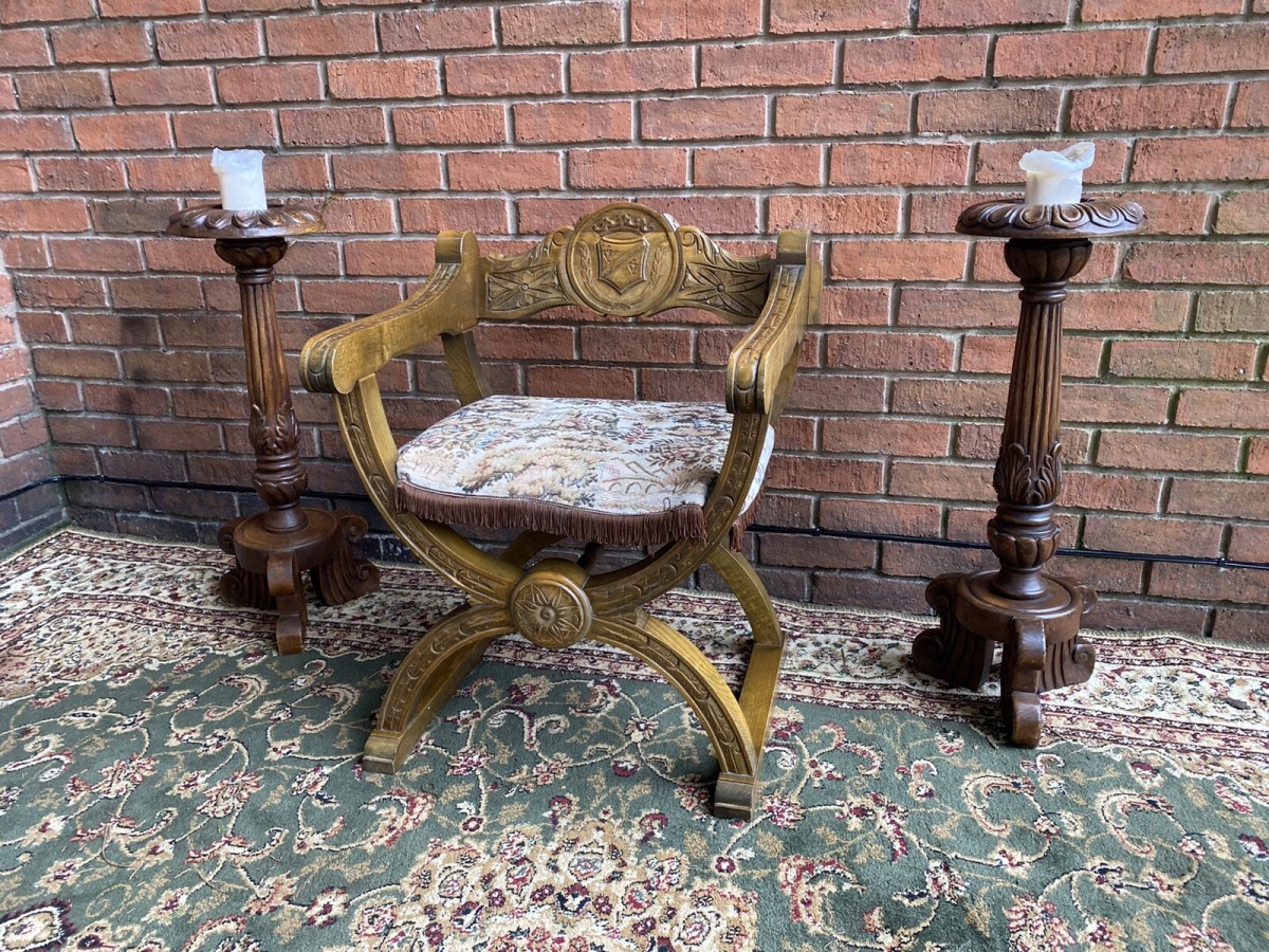Spanish Carved Oak Cross Frame Hall Chair In Charles Ii Manor Circa 1890