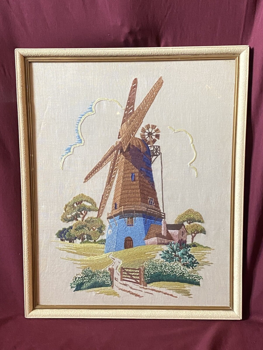 Stunning Vintage Windmill Hand Embroidered Silk Artwork Set In Glazed Frame