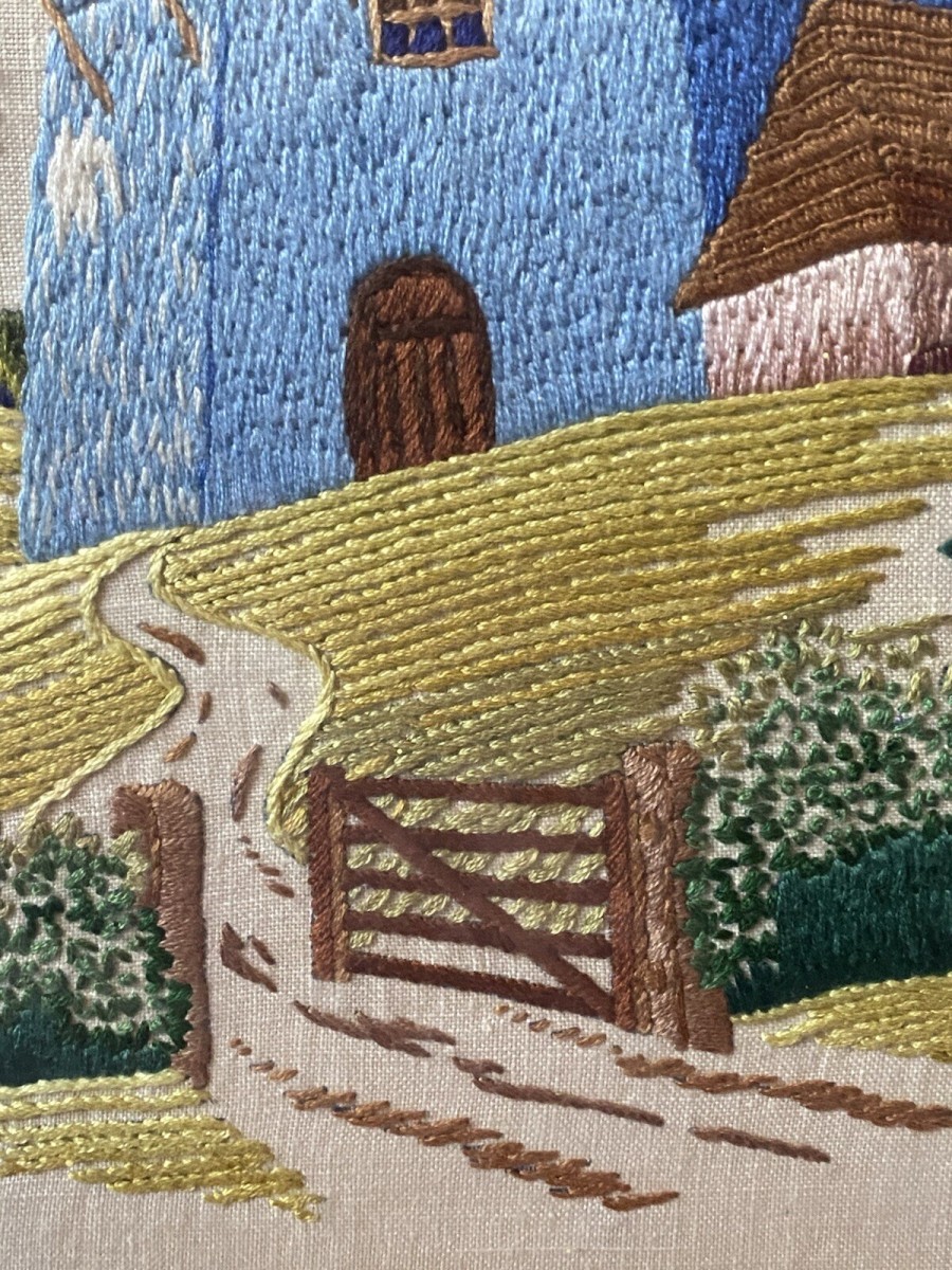Stunning Vintage Windmill Hand Embroidered Silk Artwork Set In Glazed Frame