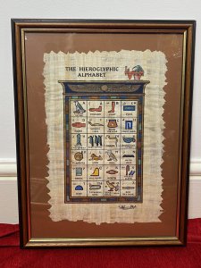 Trio Of Egyptian Hieroglyphic Artworks On Papyrus Set In Glazed Frames Circa - Vintage Composition - Hand Painted Papyrus Listing Description Trio Of Three Hand Painted/ Signed Artworks Of Egyptian Figures And Hieroglyphics On Papyrus Paper Set In Glazed Mahogany Frames. The Central Artwork Displaying The Hieroglyphic Alphabet In Full Colour, Signed By Artist. The Left Scripture Titled 'Tomb Of Nakht' Egypt, Dynasty XVIII 1450 B.C. Depicts Three Main Female Figures Playing Musical Instruments Including The Harp And Flute, With Sitting Male And Females Holding Sceptres. The Third Artwork With Unknown Title Displays Severn Intricately Painted Egyptian Figures One Thought To Be The Pharaoh With Over Head Hieroglyphic Scripture. All Artworks Are Signed By The Artist. Dimensions In Inches Hieroglyphic Alphabet Height 18 1/4" x width 14" Tomb Of Nakht Height 16" x Width 20" Pharaoh Height 17" x Width 20.5"