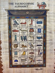 Trio Of Egyptian Hieroglyphic Artworks On Papyrus Set In Glazed Frames Circa - Vintage Composition - Hand Painted Papyrus Listing Description Trio Of Three Hand Painted/ Signed Artworks Of Egyptian Figures And Hieroglyphics On Papyrus Paper Set In Glazed Mahogany Frames. The Central Artwork Displaying The Hieroglyphic Alphabet In Full Colour, Signed By Artist. The Left Scripture Titled 'Tomb Of Nakht' Egypt, Dynasty XVIII 1450 B.C. Depicts Three Main Female Figures Playing Musical Instruments Including The Harp And Flute, With Sitting Male And Females Holding Sceptres. The Third Artwork With Unknown Title Displays Severn Intricately Painted Egyptian Figures One Thought To Be The Pharaoh With Over Head Hieroglyphic Scripture. All Artworks Are Signed By The Artist. Dimensions In Inches Hieroglyphic Alphabet Height 18 1/4" x width 14" Tomb Of Nakht Height 16" x Width 20" Pharaoh Height 17" x Width 20.5"
