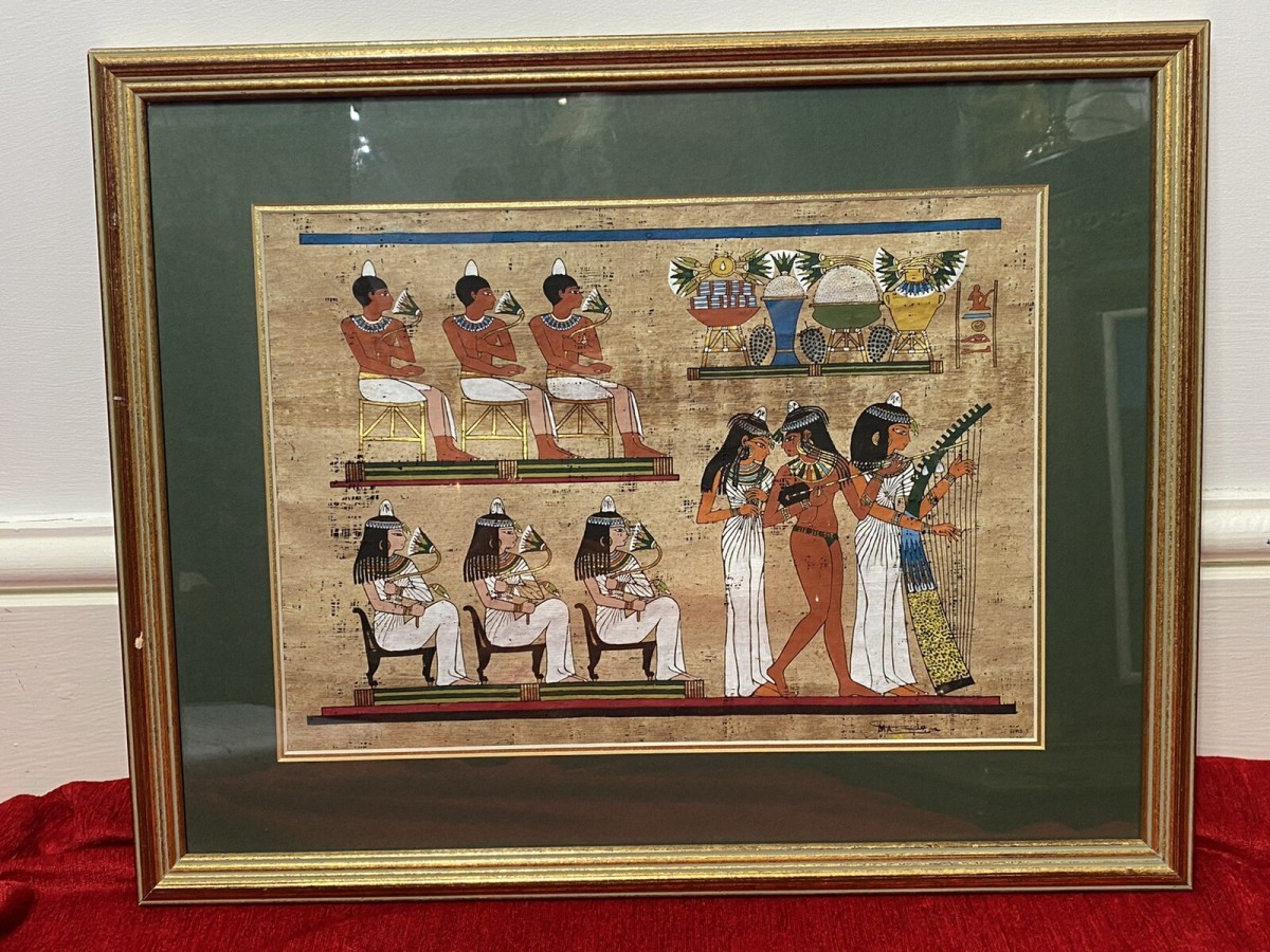 Trio Of Egyptian Hieroglyphic Artworks On Papyrus Set In Glazed Frames