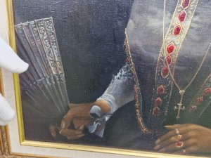 Mid 20th Century Royal Portrait Of Tudor Queen Lady Jane Grey ‘The Nine Day Queen’ By Artist B LONGWORTH Circa - 1982 Dated Composition - Oil On Canvas Brief History Of Lady Jane Grey 1573 - 12th Feb 1554 Reigning Queen of England for just nine days from 10ty July to 19ty July 1553. Jane was proclaimed Queen as part of a unsuccessful bid to prevent the accession of her catholic cousin, Mary Tudor. The great-granddaughter of Henry XVI, Jane inherited the crown from her cousin Edward VI. Arriving at The Tower of London for her , but within a fortnight she was back as a prisoner of Mary I who had claimed the throne as rightfully hers. While Mary was reluctant to punish her at first, Lady Jane proved to much of a threat as the focus of Protestant plotters intent on replacing Mary. On 12th February 1554, Lady Jane Grey was excited on Tower Green at the Tower of London at 17 years old. Listing Description Stunning Half Portrait Of Tudor Queen Lady Jane Grey. Dark Tied Back Hair Set With String Of Pearls, Exceptional Executed Soft Facial Features With The Face Framed By Large Lace Neck Ruff. Janes Tudor Dress In Deep Grey Silk Fabric Decorated In Ribbons With Gold Floral Motifs And Rubies. Both Hands Posed, The right Hand Holding Lace Fan, Both Adorned Decoratively With Many Gold And Ruby Rings. Fine Quality Painting By Accomplished Hand Of Artist B Longworth. Signed/Dated Top Left Corner. Set Inside Ornate Gilt Frame. Dimensions In Cms Height 76cm X Width 65cm For Further Information Or To Arrange A Viewing, Please Call The Museum Curator Leslie On 07707 488566 Thank-you.