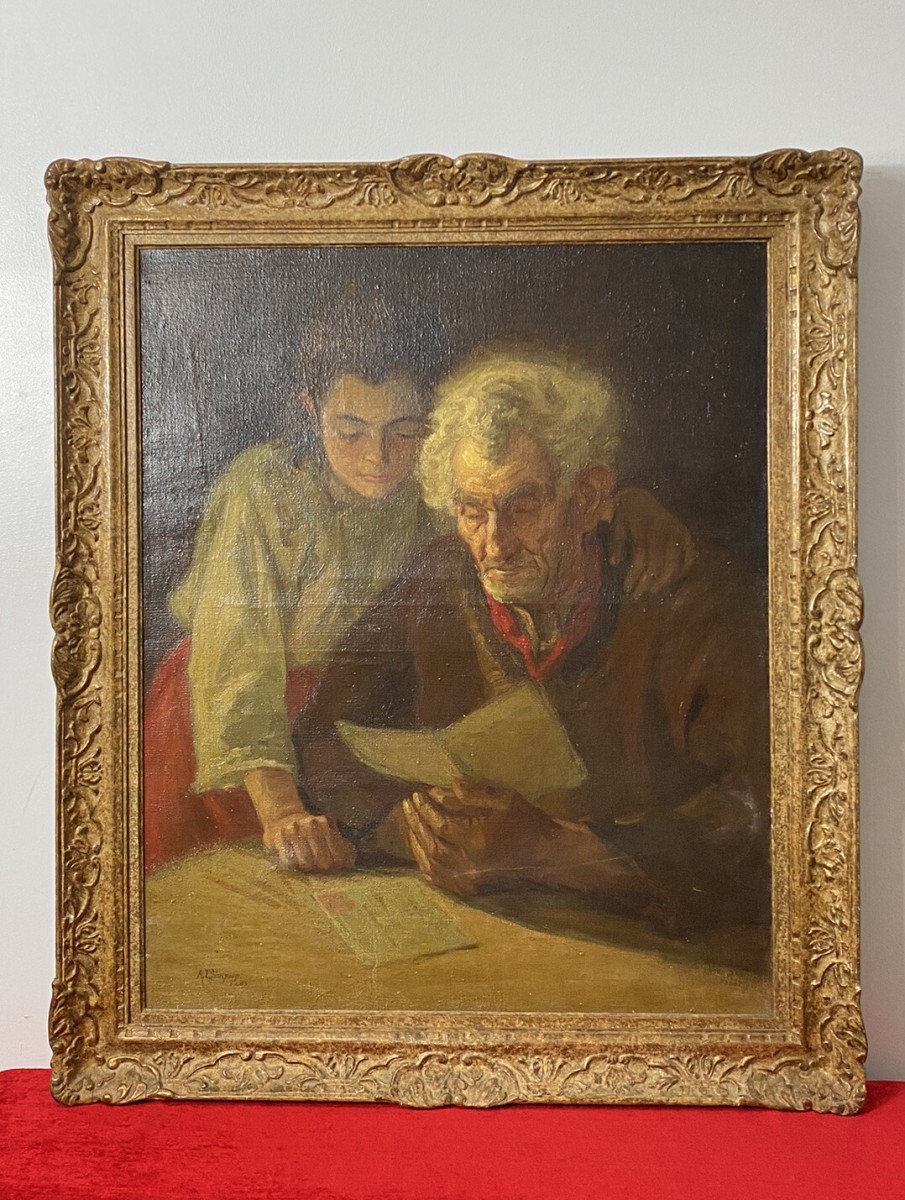 Double Portrait Of Grandfather & Grand Daughter Reading By A L Simpson