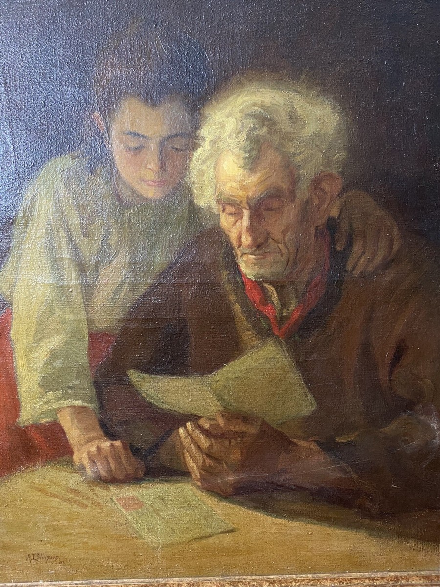 Double Portrait Of Grandfather & Grand Daughter Reading By A L Simpson