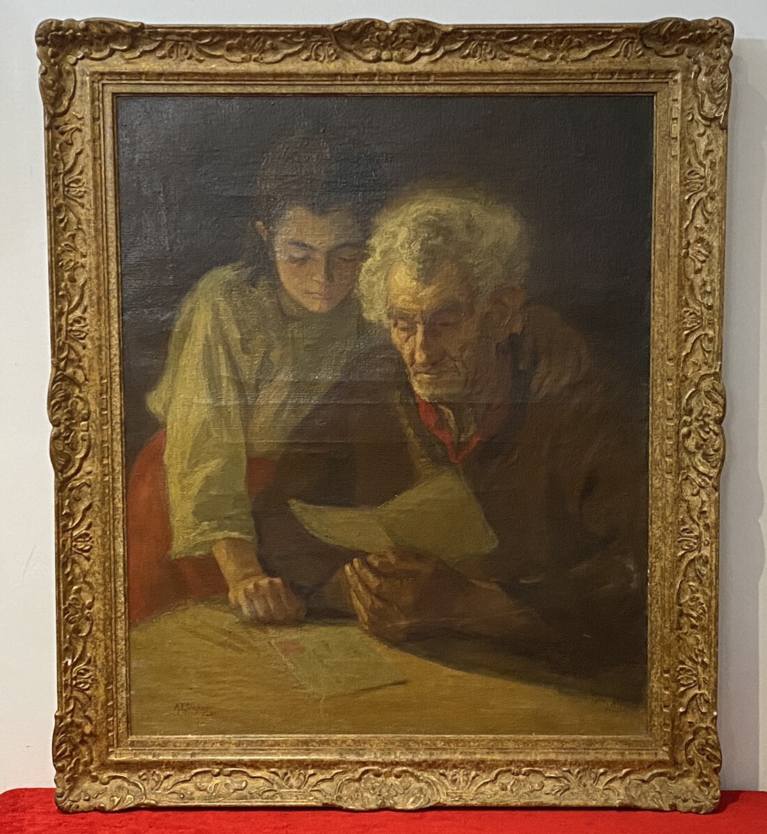Double Portrait Of Grandfather & Grand Daughter Reading By A L Simpson