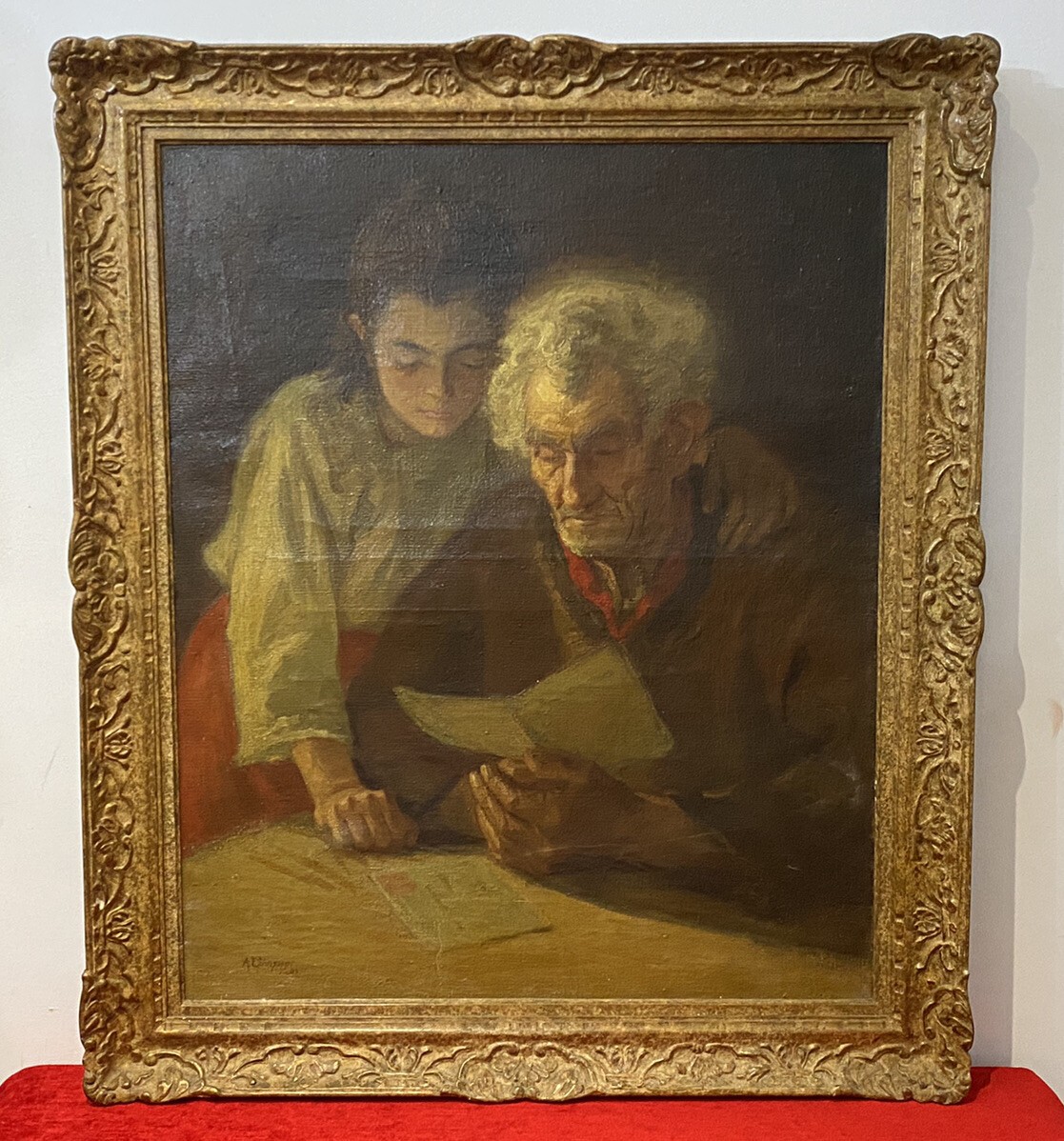 Double Portrait Of Grandfather & Grand Daughter Reading By A L Simpson