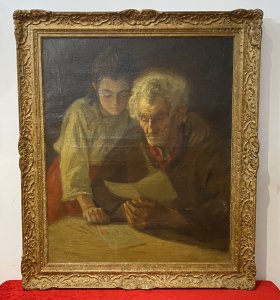 Double Portrait Of Grandfather & Grand Daughter Reading By A L Simpson. Circa - Early 20th Century Dated 1903 Medium - Oil On Canvas Title - The Letter Outstanding True To Life Double Portrait Of A Grandfather Sitting Reading A Letter With His Loving Grand Daughter Standing Next To Him With Her Arm Around His Shoulder. Exceptionally Execution In Oil With Detailed Facial Features, Hands And Clothing. Wonderful Use Of Light And Shadow With The Light Striking From The Left Side Showing Shadows To The Right. Composition In Warm Earth Tones With Rich Accents Of Red. Signed By Artist A L Simpson And Set In Ornate a Gilt-wood Frame. Dimensions In Inches Height 34.5” Width 29” Depth 1 3/4”