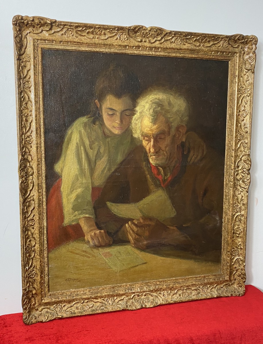 Double Portrait Of Grandfather & Grand Daughter Reading By A L Simpson